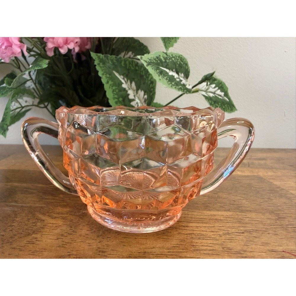 Vintage Jeannette Glass Cube Pink Depression Sugar Bowl Cubist Retro Dining‎